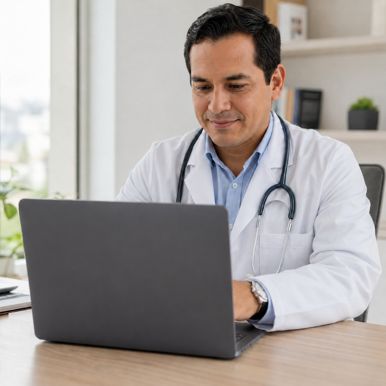 Médico revisando información magistral en un laptop